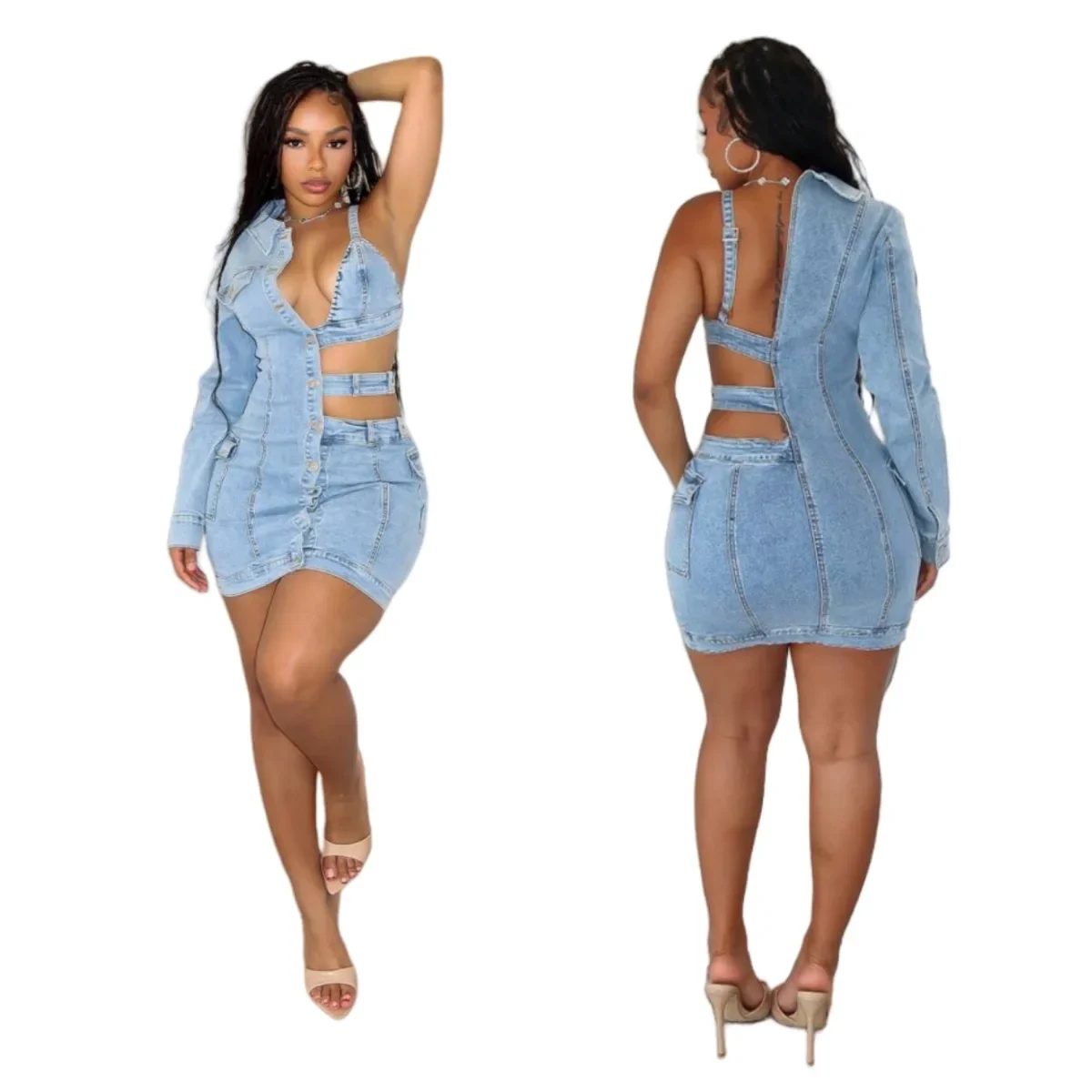 Damen Sommer Neue Mode Aushöhlen Denim Kleid, Off-the-schulter Einzigen Ärmel Stretch Mode Unregelmäßigen Denim Kurzes Kleid