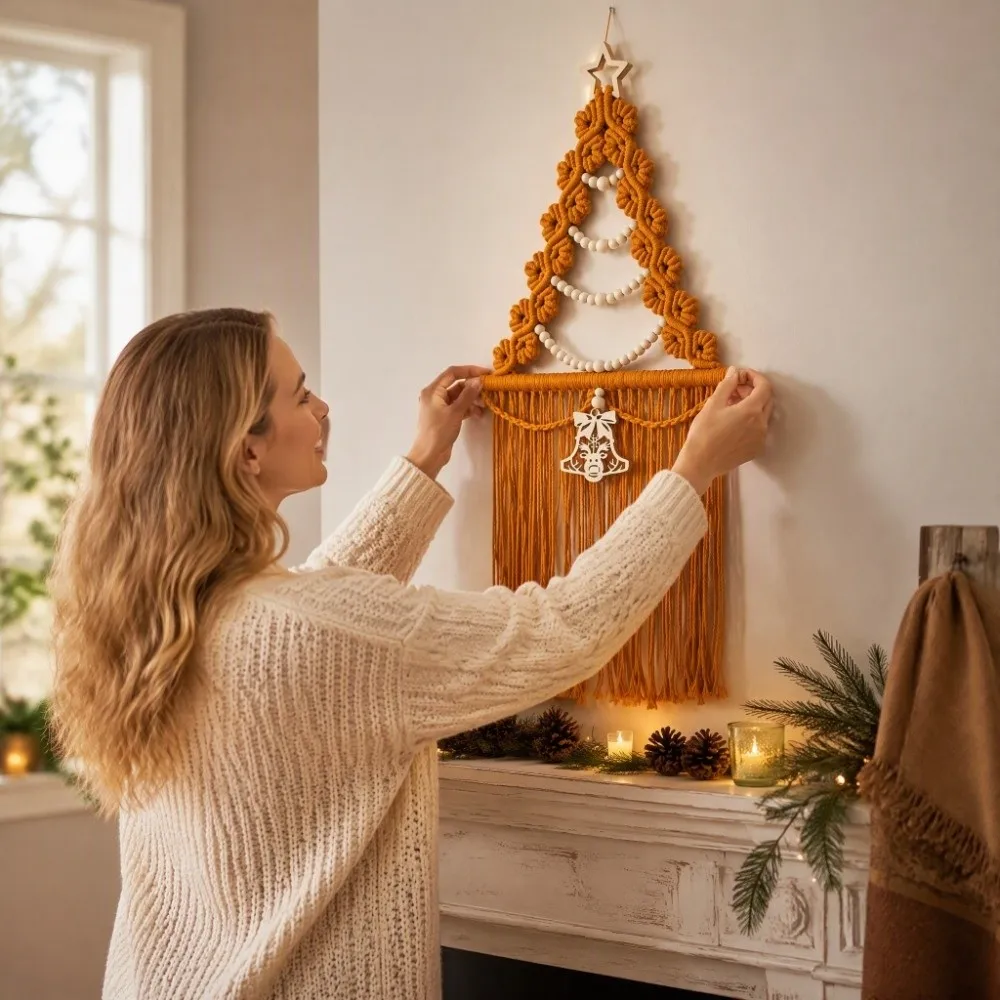 Wood Beads Christmas Tree Macrame Tapestry Aesthetic Woven Wall Hanging Pendant Decorative Art Christmas Tree Wall Hanging Hotel
