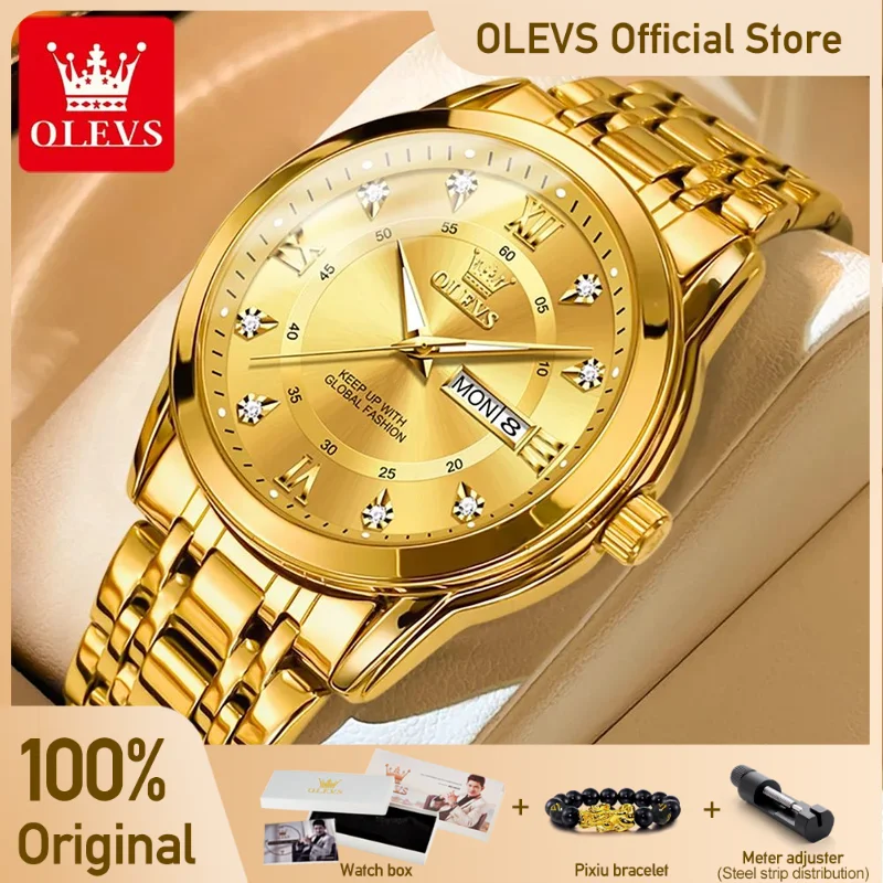 OLEVS Men\'s Watches Fashion Gold Original Quartz Watch for Man Stainless Steel Waterproof Luminous Wrist Watch Date Week Roman