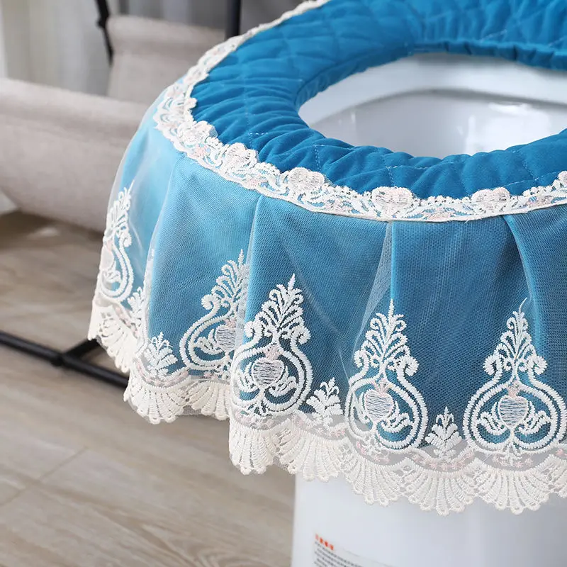 Lace Embroidery Toilet Seat Cushion Floral Household Bathroom Zipper Removable Closestool Mat Waterproof Anti-bacterial Covers