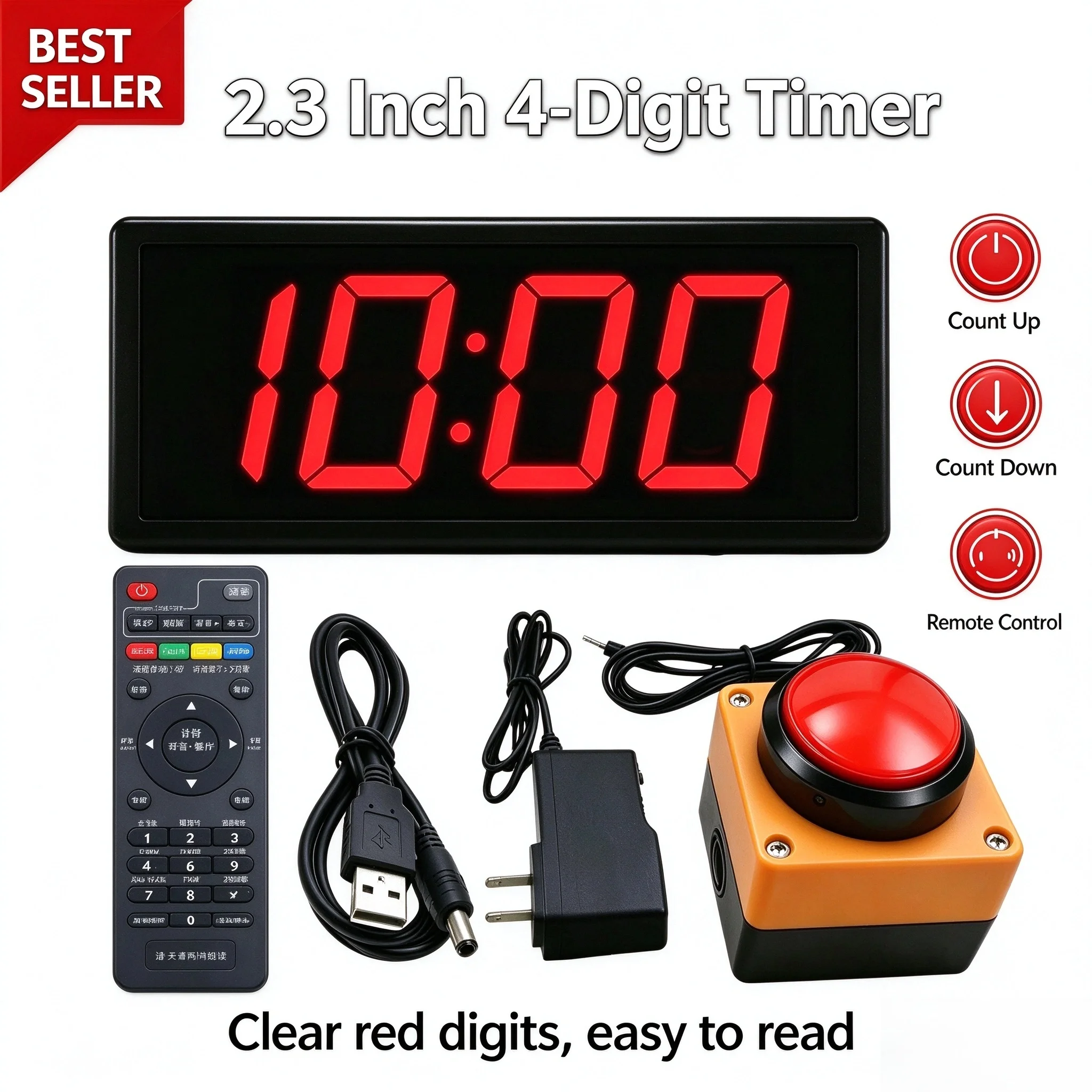 4 Digit LED Race Timer with Red Push Button, Count Up & Countdown, Voice Optional for Competition Game