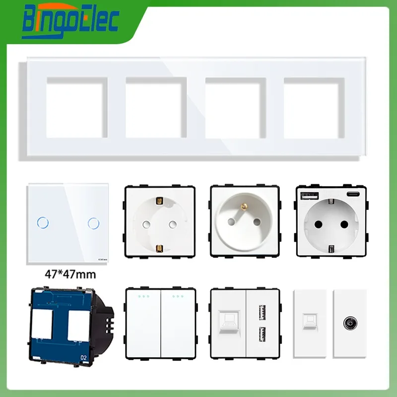 EU Wall Outlet TV USB Socket WiFi Smart Light Switch Type-C CAT6 RJ45 Internet Sockets Function Key Glass Frame DIY Parts 220V