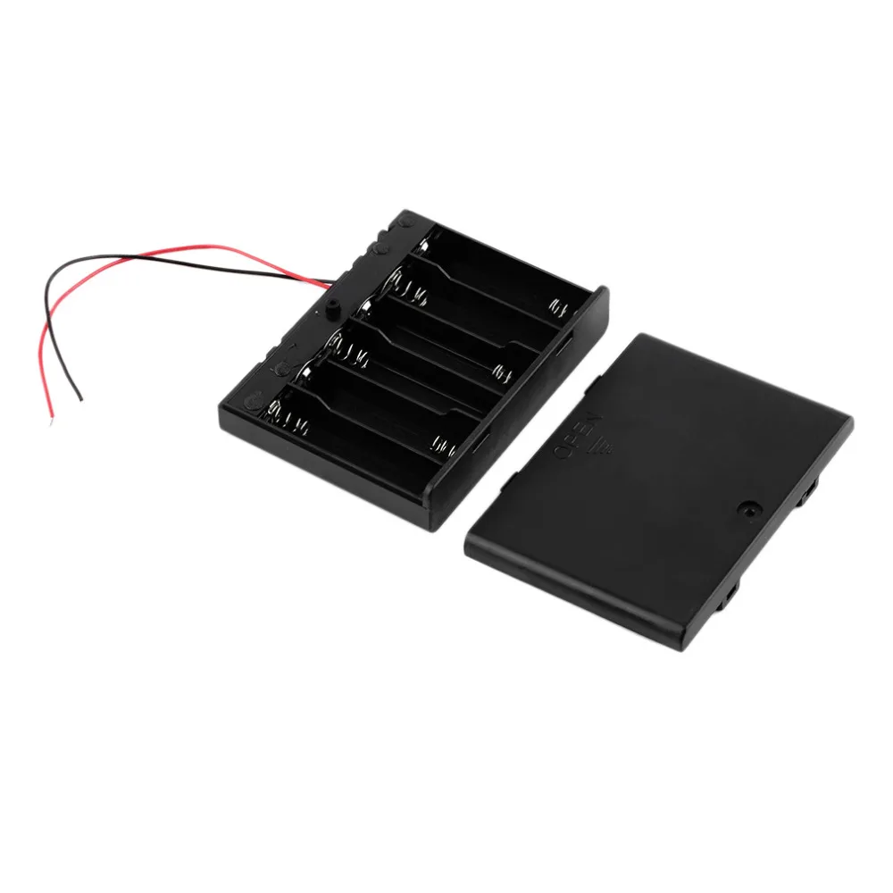 Black Plastic 6 * AA Battery Storage Case Box Holder With Swith 150mm Wire Leads 100pcs/lot Free shipping by DHL