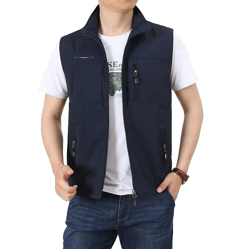 Men Waistcoat Jackets Vest 2023 Spring New Solid Color Stand Collar Climbing Hiking Work Sleeveless with Pocket M-6Xl Brand Sale