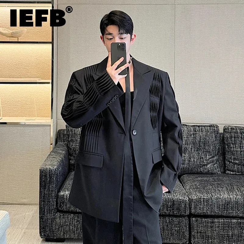 IEFB Personality Men's Blazers Three-dimensional Pleated Single Button Autumn Loose Male Suit Solid Color Niche Design 9C7484