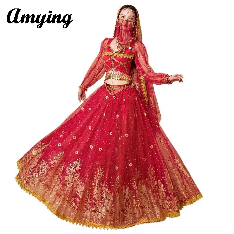 Women Long Sleeved Costume Arab Indian Festival Cosplay Performance Outfit Belly Dance Big Swing Long Dress Princess Clothing