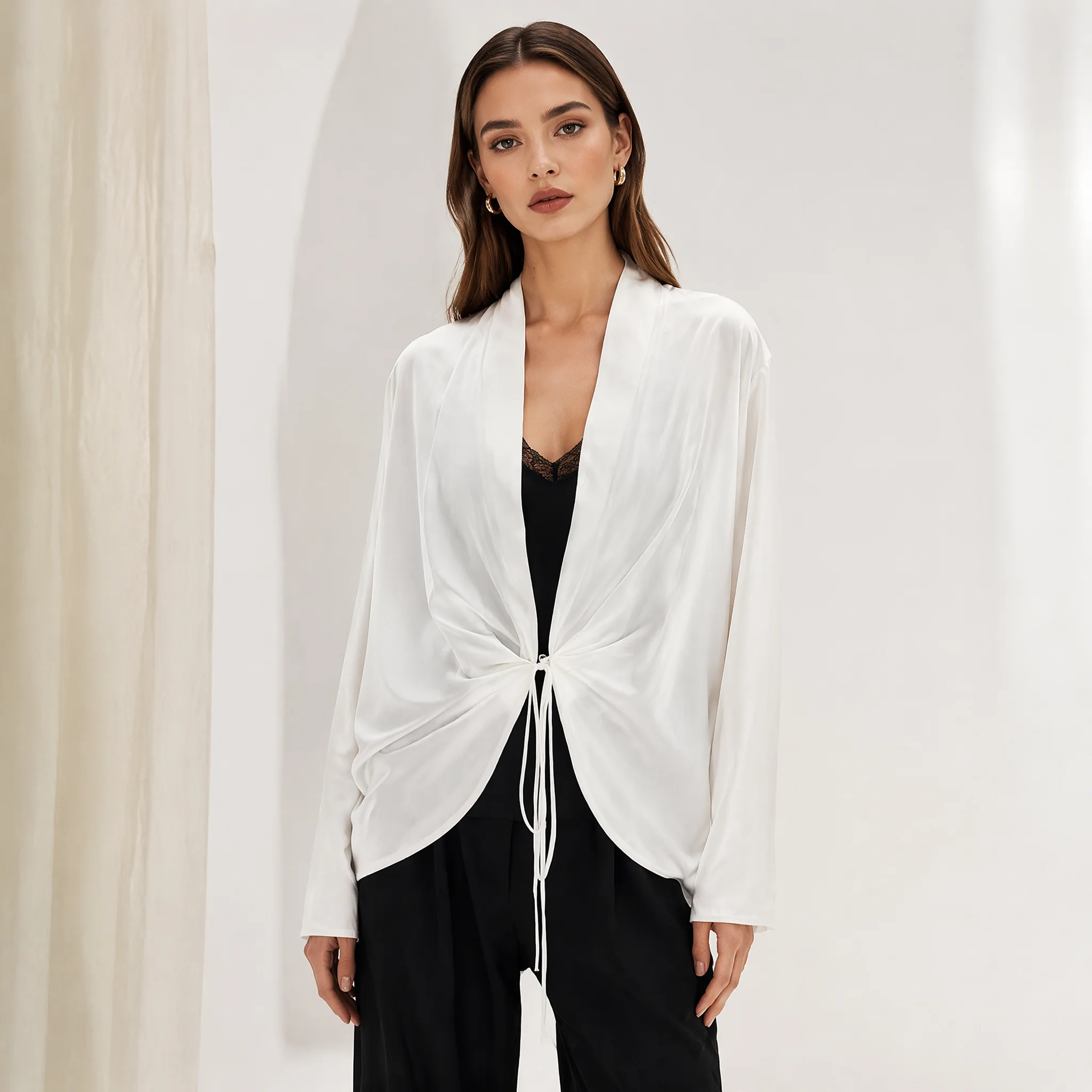 RU Ladies Glossy Satin Knotted Front Cardigan Long Sleeve Loose Fit Elegant Wrap Over Outerwear Daily Commute Layering Top