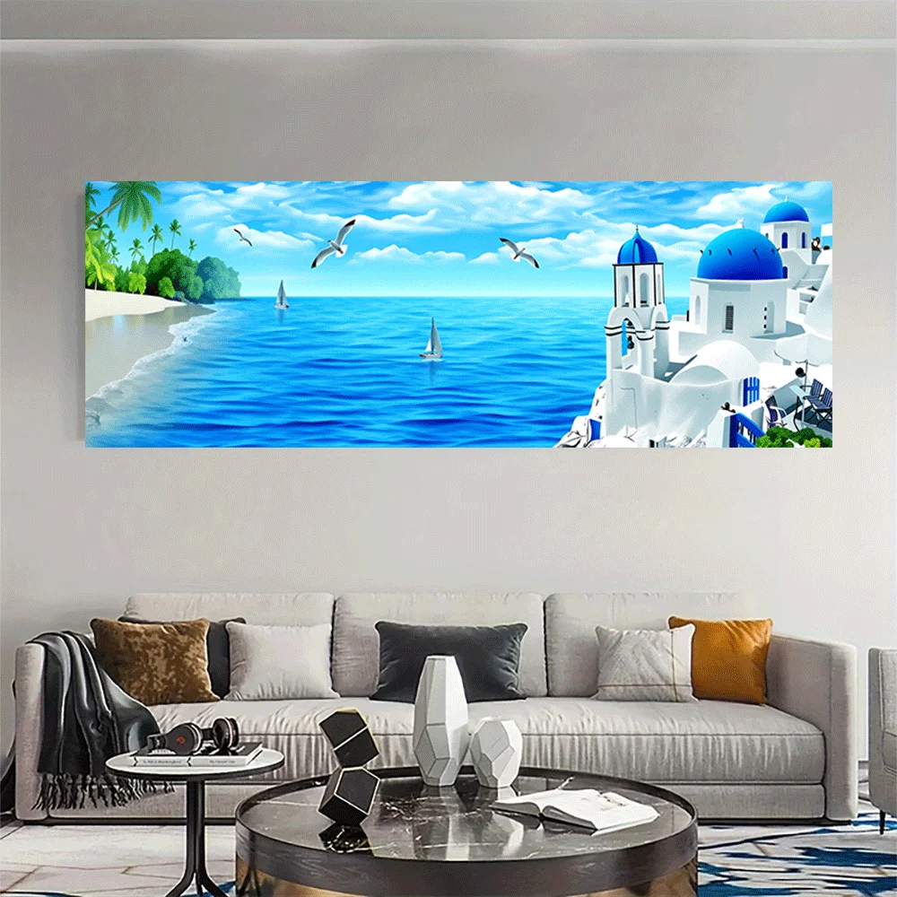 1PC-Canvas poster Unframed  Coastal Paradise Beach Scene With Blue Ocean White Buildings And Sailboats Canvas Print  summer