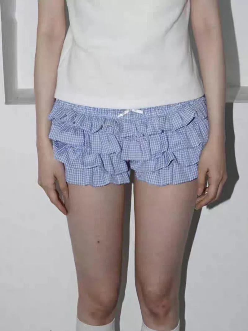 

Сладкие брюки Юбка Сладкие крутые многослойные волнистые кружевные клетчатые шорты с низкой талией Новое Pure Desire Повседневный стиль Очаровательный M8P1