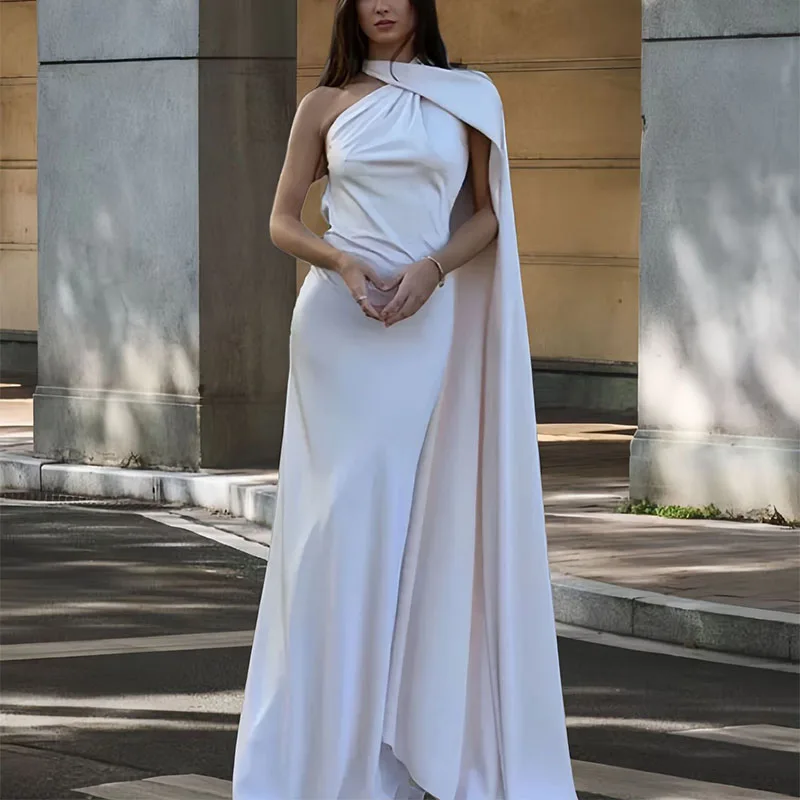 

Women Ribbon Hanging Neck Long Dresses Solid Color Summer Sleeveless Backless Slim Halter Party Dress Female Elegant Satin Robe