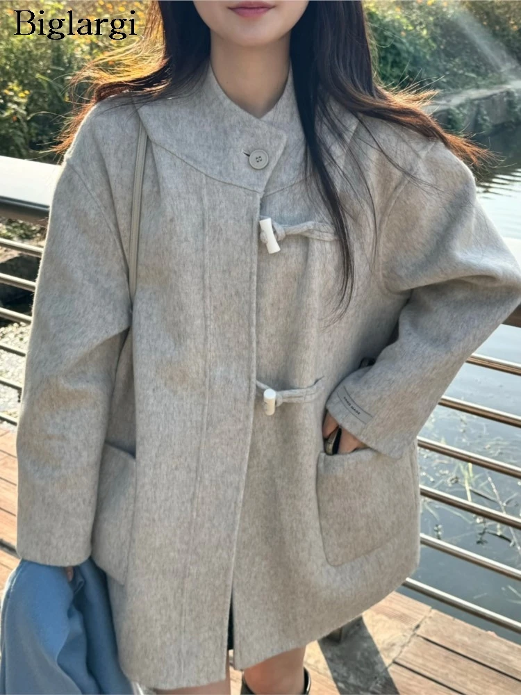 

Осенне-зимнее шерстяное пальто миди, женское свободное пальто в корейском стиле, модные элегантные женские куртки, женские пальто с длинными рукавами