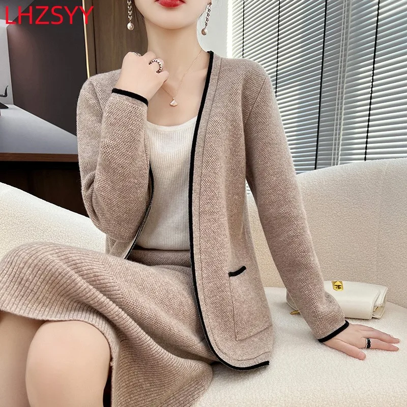 LHZSYY Women\' New Color Matching Set 100% Cashmere Button Free Cardigan Fashion Halfskirt 2023 Spring Large Size Jacket Sweaters