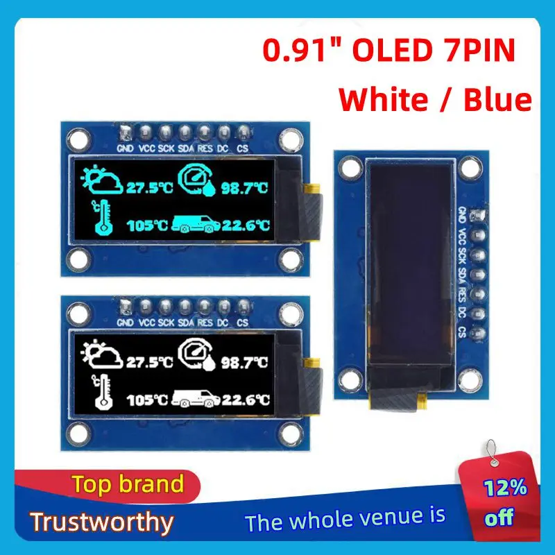 1/3PCS SSD1306 7PIN 0.91 inch 128x32 SPI OLED Module 0.91" OLED Display Module White Blue OLED Screen Board For Arduino