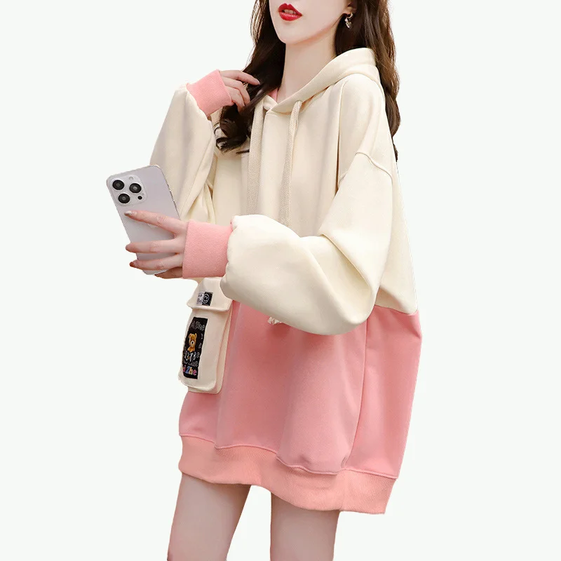 American Style Retro Women's Sweat Street Korean Style Design Mid-length Color Matching Loose Pullover Lace-up Y2K All-match