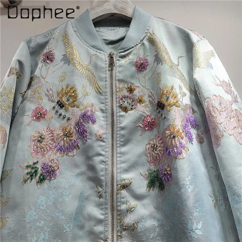 

2025 Autumn New Heavy Beaded Flower Embroidery Round Neck Baseball Jacket Retro Luxurious Street Style Casual Short Coat Women