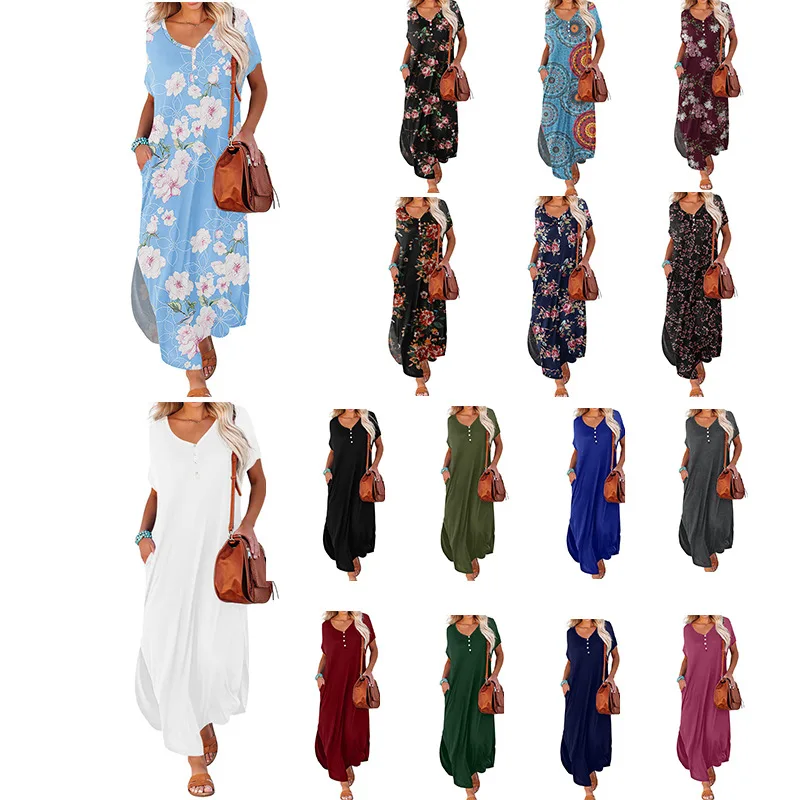 Women Split Loose Boho Vintage Ruffles Befree Summer Button Printed Pocket Elegant Party Dress Summer Party Maxi Dresses