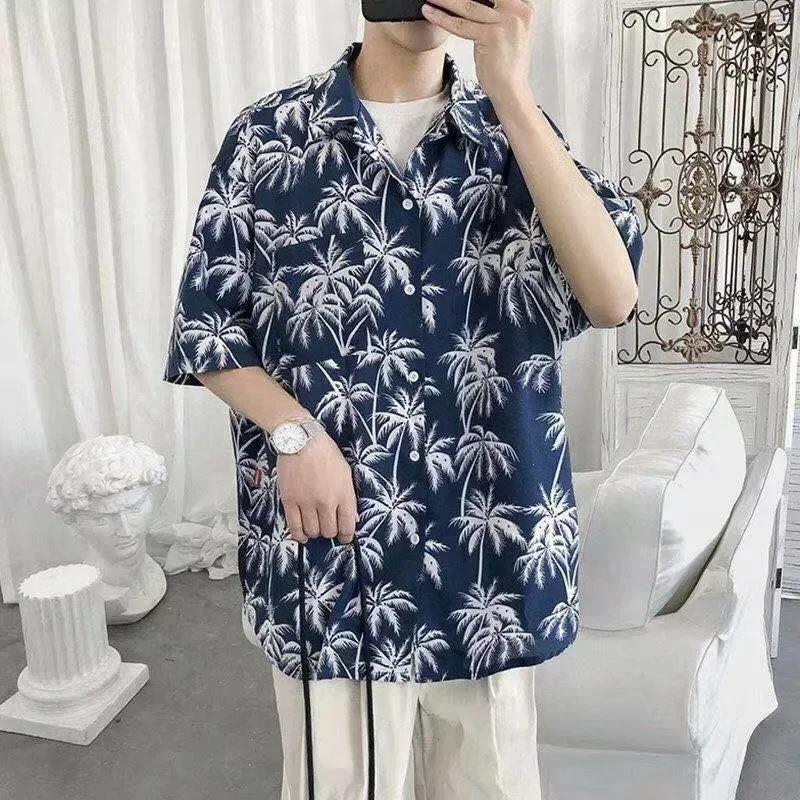 

Men's Summer Short Sleeve Casual Floral Shirt Fashion Versatile Handsome Tops Hawaiian Holiday Beach Loose Printed Shirt Coat