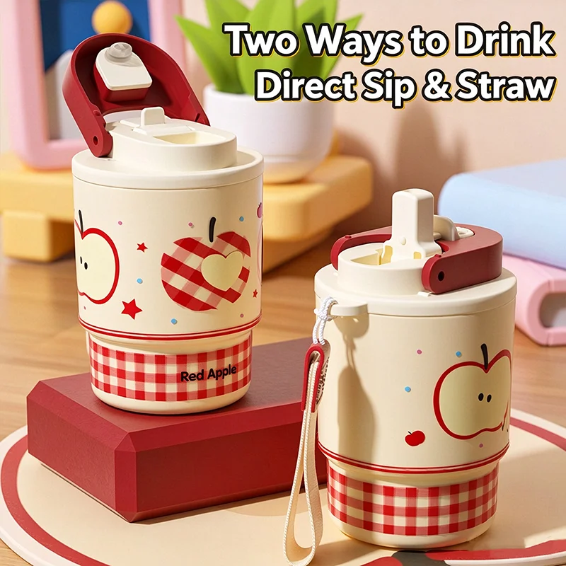 Cartoon Insulated Coffee Cup, 316 Stainless Steel Dual Drink Water Bottle with Straw, Portable Car Mug for Women