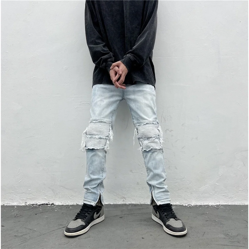 

Retro Waed Slim Fit Zipper Cuffed Denim Jeans High Street FOG Sle Hip Hop Knee Patch Men's Ankle Length Youth Casual Jeans