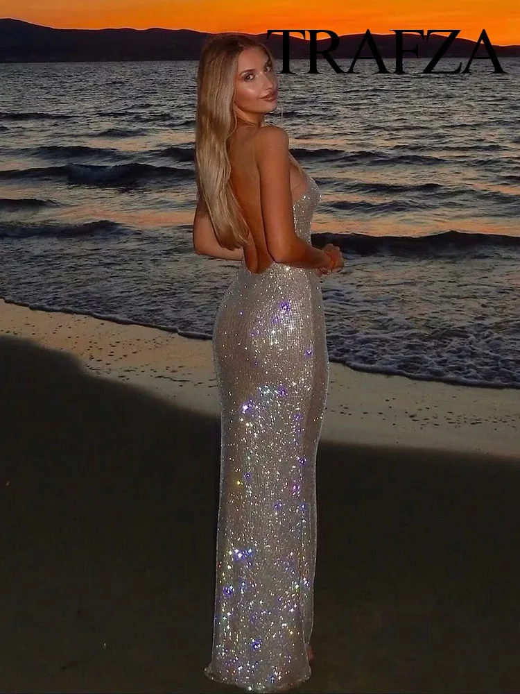 

HH Women's Shiny Diamond Sleeveless Backless Slim Nightclub Sexy Sling Dress Female Elegant Temperament Hip Hugging Dress