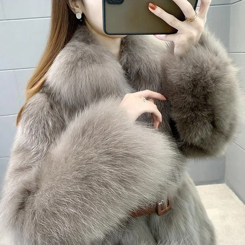 Snow Wear Luxury Faux Fox Fur Coat Thicken Warm Slim Belt Winter Overcoats Women Korean Fashion Furs Jacket Plush Chaquetas