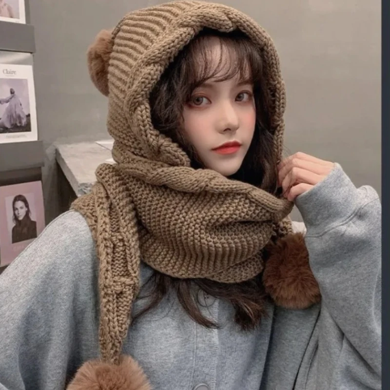 1-3-pecas-gorro-de-trico-com-protetor-de-orelha-e-cachecol-integrado-estilo-coreano-quente-e-grosso-com-pom-pom-fofo-para-mulheres-uso-diario-outono-inverno