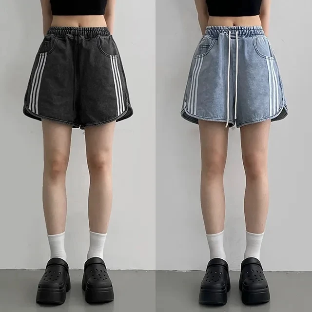 

Casual Sporty High Waist Wide Leg Pants Elastic Waist Color Block Vertical Stripes Loose Fit Summer Jeans for Women