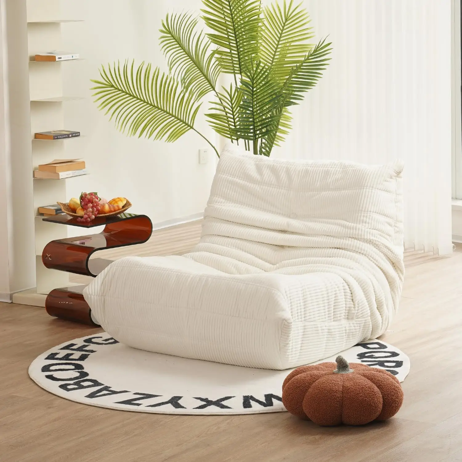 Soft Premium Corduroy Armless Floor Sofa in Ivory for Living Room, Bedroom & Office, Foam Accent Chair