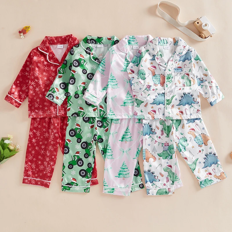 Pajamas for Children Christmas Sleepwear Tree/Snowflake Print Long Sleeve Button-up Tops Pants Loungewear Set  for Baby Girls