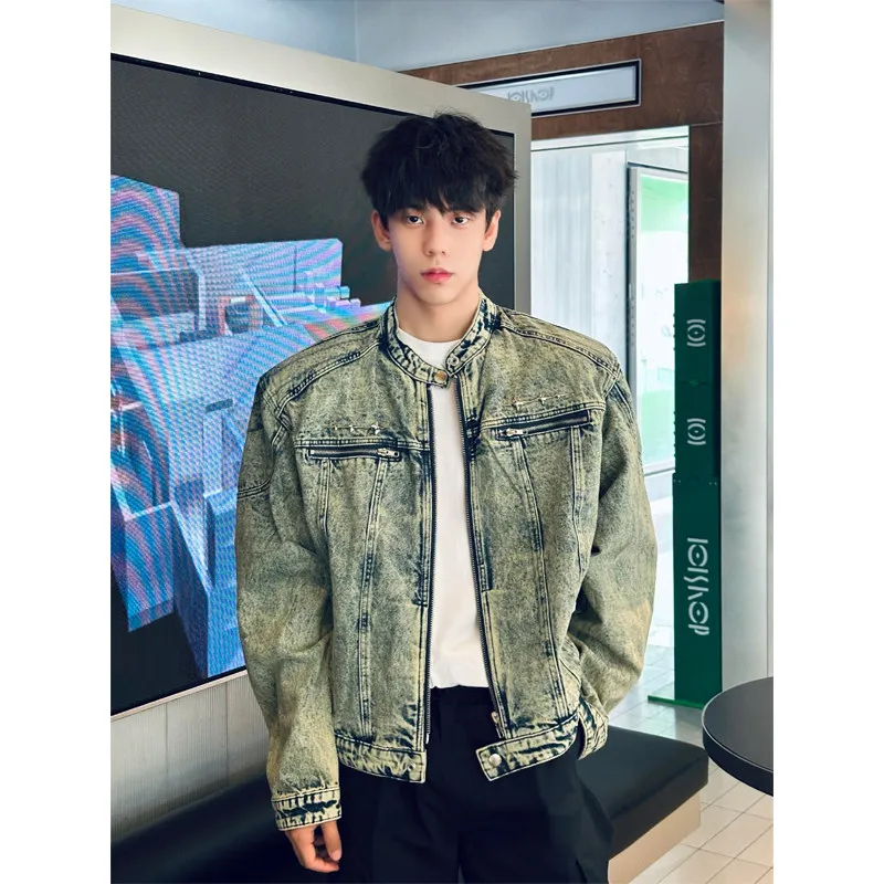 

ort Men's Denim Jaet Spring Autumn Faionable Workwear Sle Loose Fit Cotton Polyester Blend Zipper Closure Pure Color