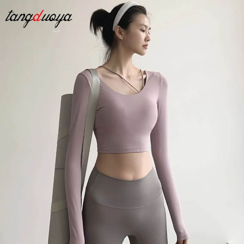 Sports Shirt Women Long Sleeve Fitness Crop Top Build-in Cup Yoga Shirts Pilates Sportswear Workout Training Gym Tops Activewear