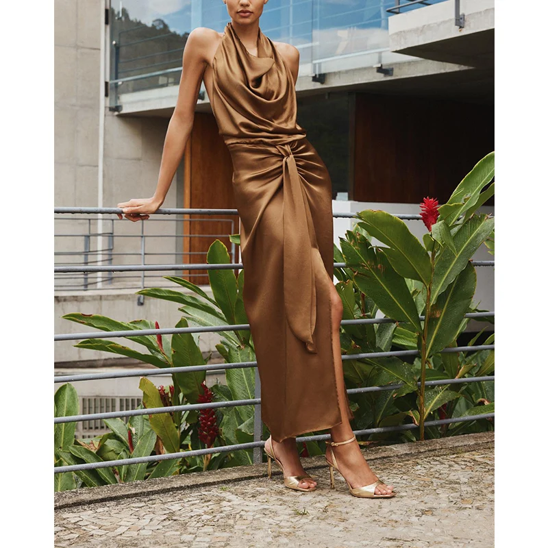 Ele High Waist Silk Satin Bal Midi Dr Summer New Women's Faion Hanging Collar Gown Svel Long Skirt