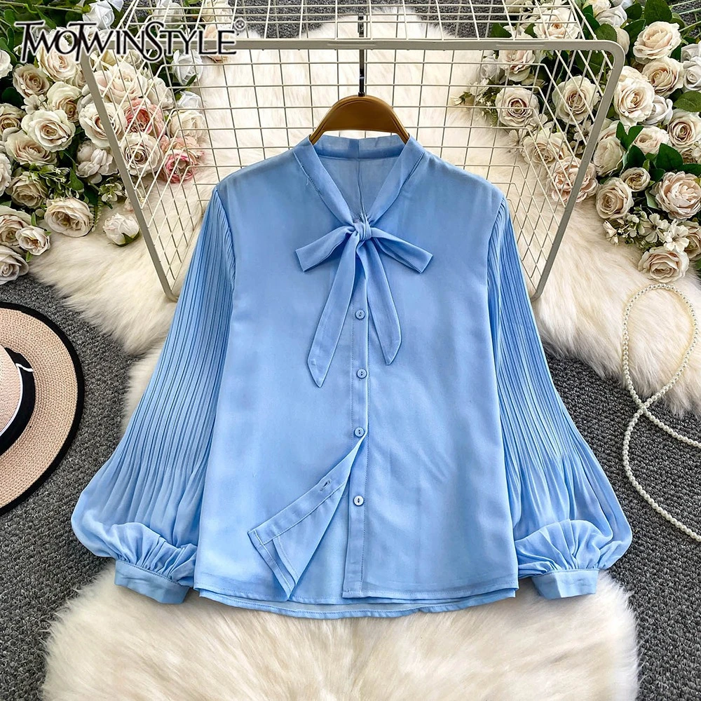 TWOTWINSTYLE Loose Gentle Casual Foldsblouses For Women Round Neck Latern Long Sleeve Temperament Shirts Female New KBL557034