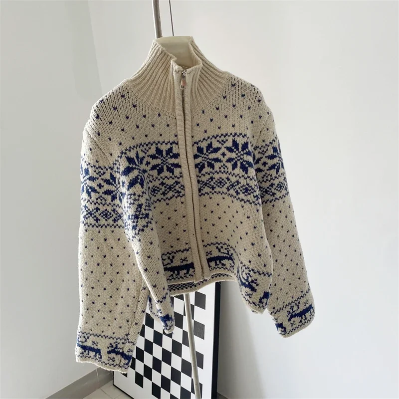 Vintage Snowflake Sweter Płaszcz Damski Jesień Zima Moda Luźny Casual Miękki Ciepły Beżowy Niebieski Świąteczny Dzianinowy Kardigan Płaszcz