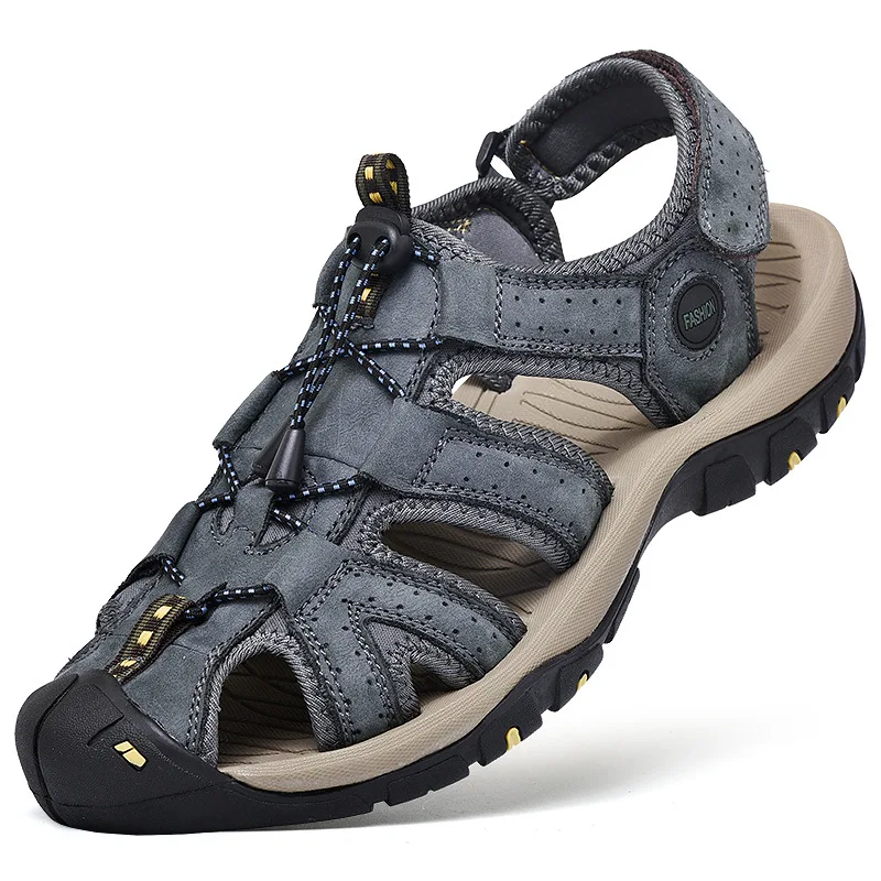 High quality leather flat sandals for men round toes new summer 2025 size 44 45 casual outdoor walking big size shoe blue brown image 4