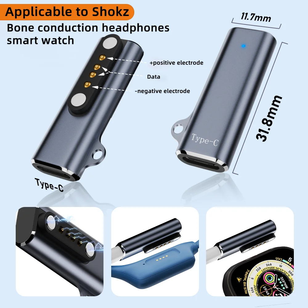 Geeignet für Shokz-Geräte, Bone Transfer Headset/Smartwatch-Ladeadapter, USB-C auf 7,62 mm 2-poliger/4-poliger magnetischer Ladeanschluss