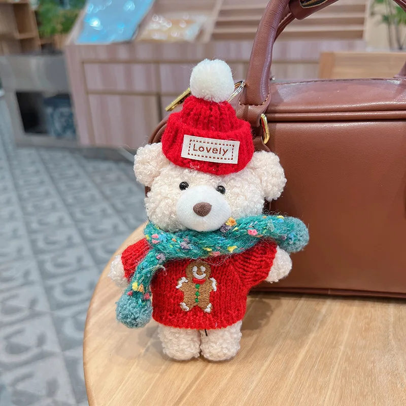 Miniso 2026 [Christmas Gift] Creative Gingerbread Man Sweater Bear Keychain Cartoon Plush Scarf Doll Bag Ornament Gift for Girls
