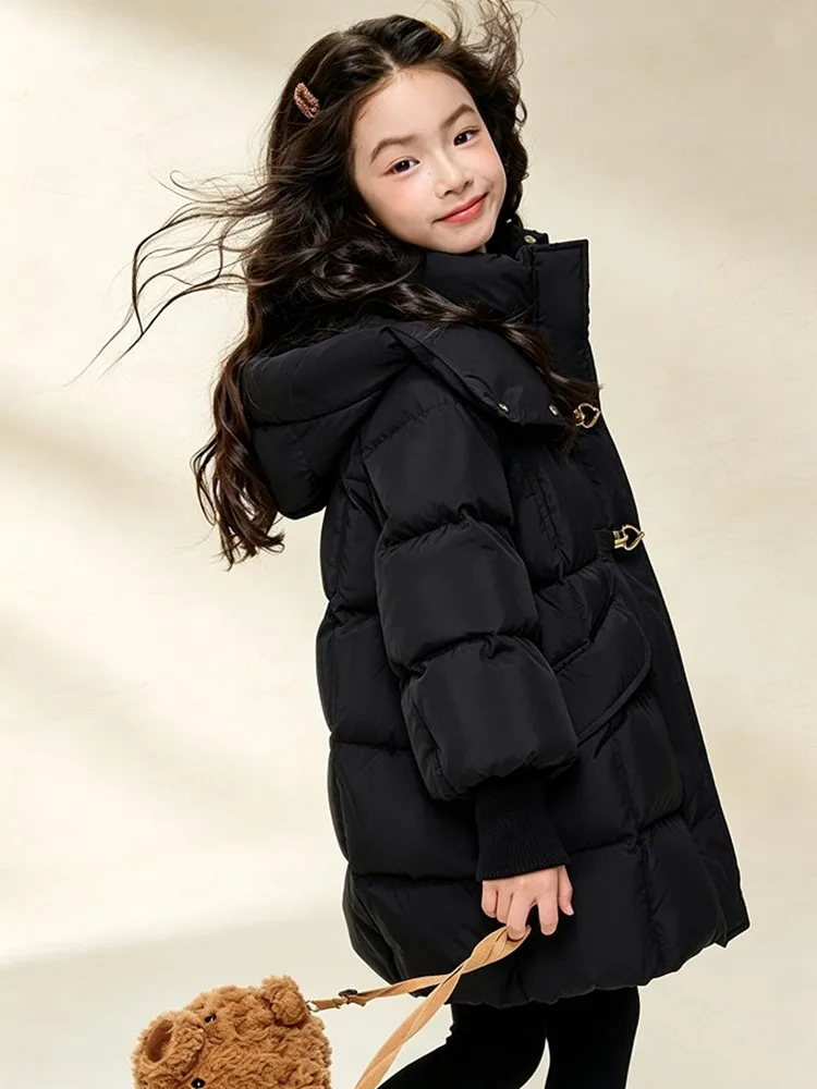 Mädchen Winter Daunenjacke 90% Weiße Entendaunen Mittellange Kapuzenparka Kinder Mädchen Warme Oberbekleidung Winddichter Kindermantel 5-14 Jahre – Detail 6