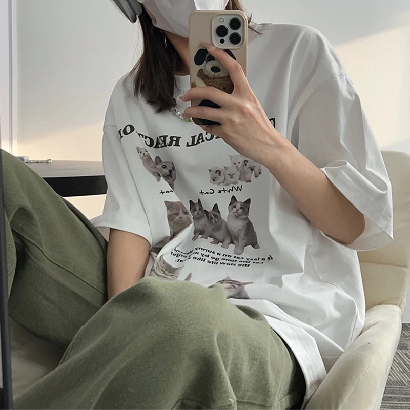 Y2k Top Women T-Shirt Oversized Kawaii Cat Cotton Summer Tees Harajuku Korean Fashion Short Sleeve Streetwear Aesthetic Clothing