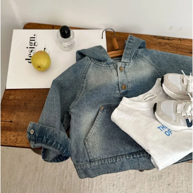 

Children Coat Spring New Product for Boys and Girls Solid Color Hooded Denim Shirt Baby Pullover Denim Shirt