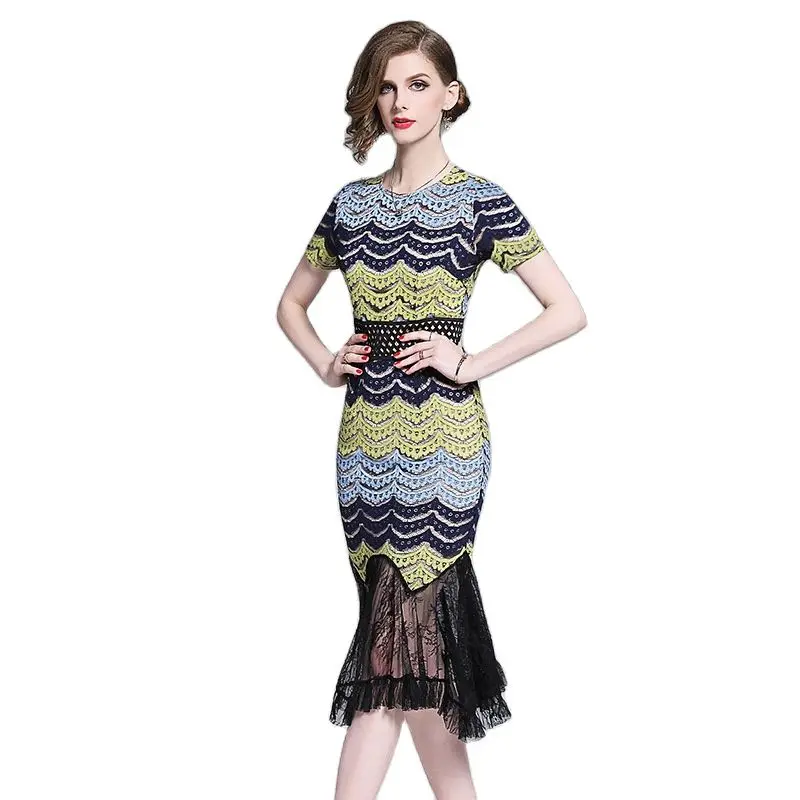 2023 summer new lace stitching short-sleeved fishtail Dress temperament slim bag hip sheath dress Striped patchwork Dresses