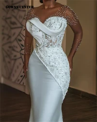 White Pearls Beaded Luxury Mermaid African Wedding Dress Mesh Long Sleeves Aso Ebi Engagement Gowns Corset Fish Bones Customized
