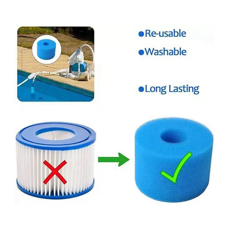 6Pieces Pool Filter Foam Sponge Cartridge Replacement Reusable Long Lasting Washable For Type V1 Replacement Accessories