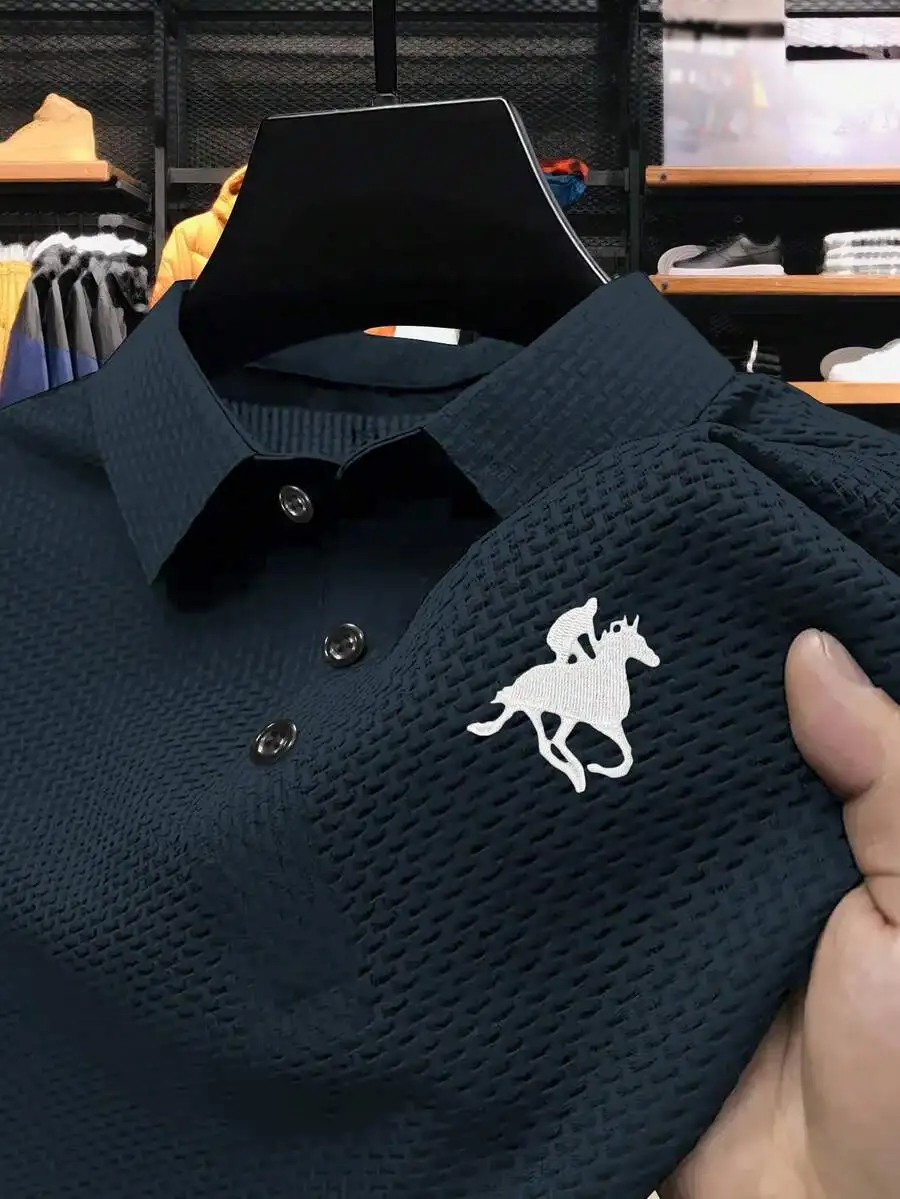 

Men's Textured Polo Shirt with Equestrian Embroidery, Casual Business Style