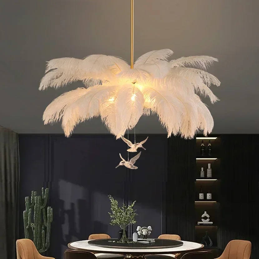 

Luxury LED Ostrich Bird Feather Chandelier Lamp White Living Room Ceiling Light Home Decoration Hanging Lighting Fixture