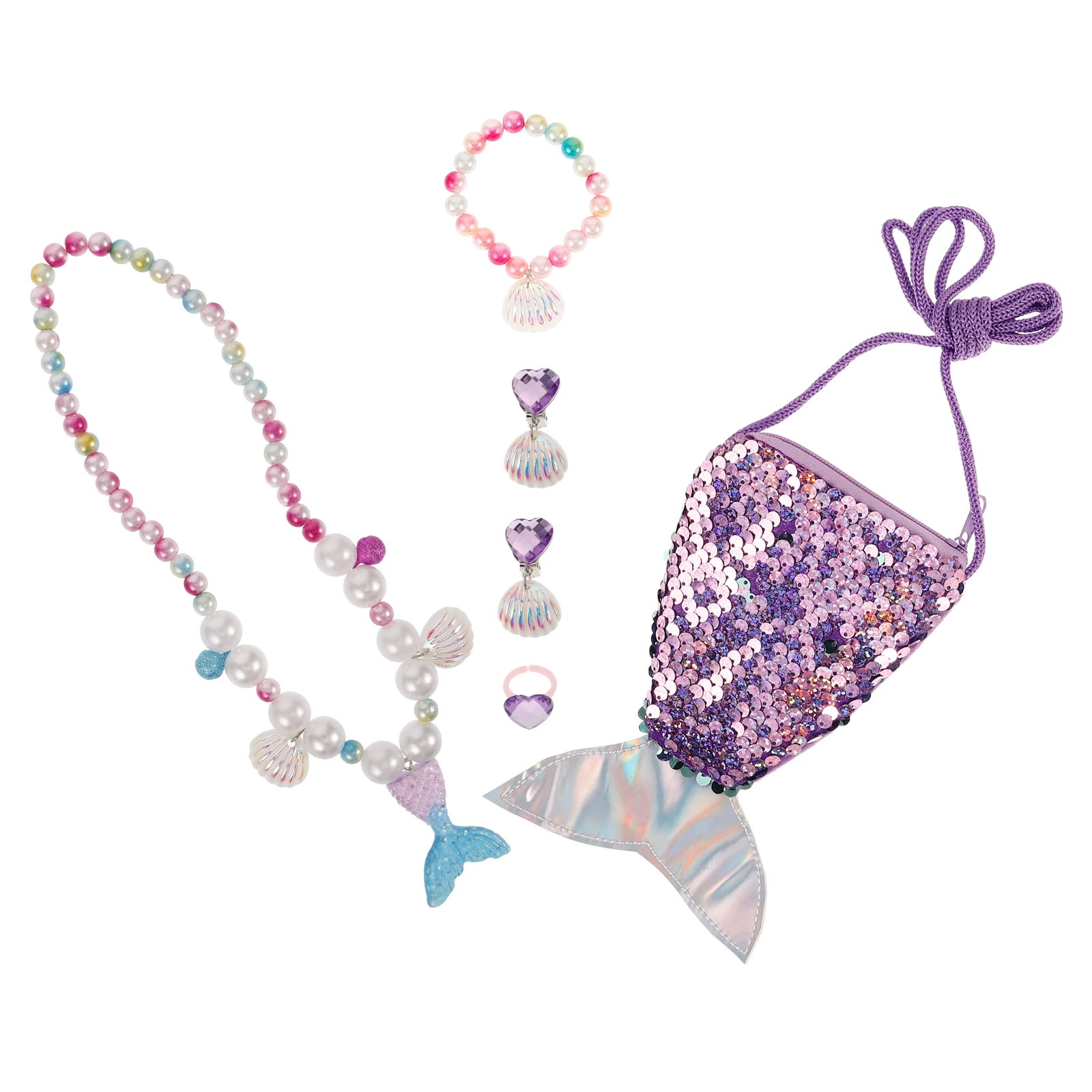 

6pcs Mermaid Coin Wallet Jewelry Set Kids Girl Accessories Shell Pretend Play Party Costume Hair Accessories Gift