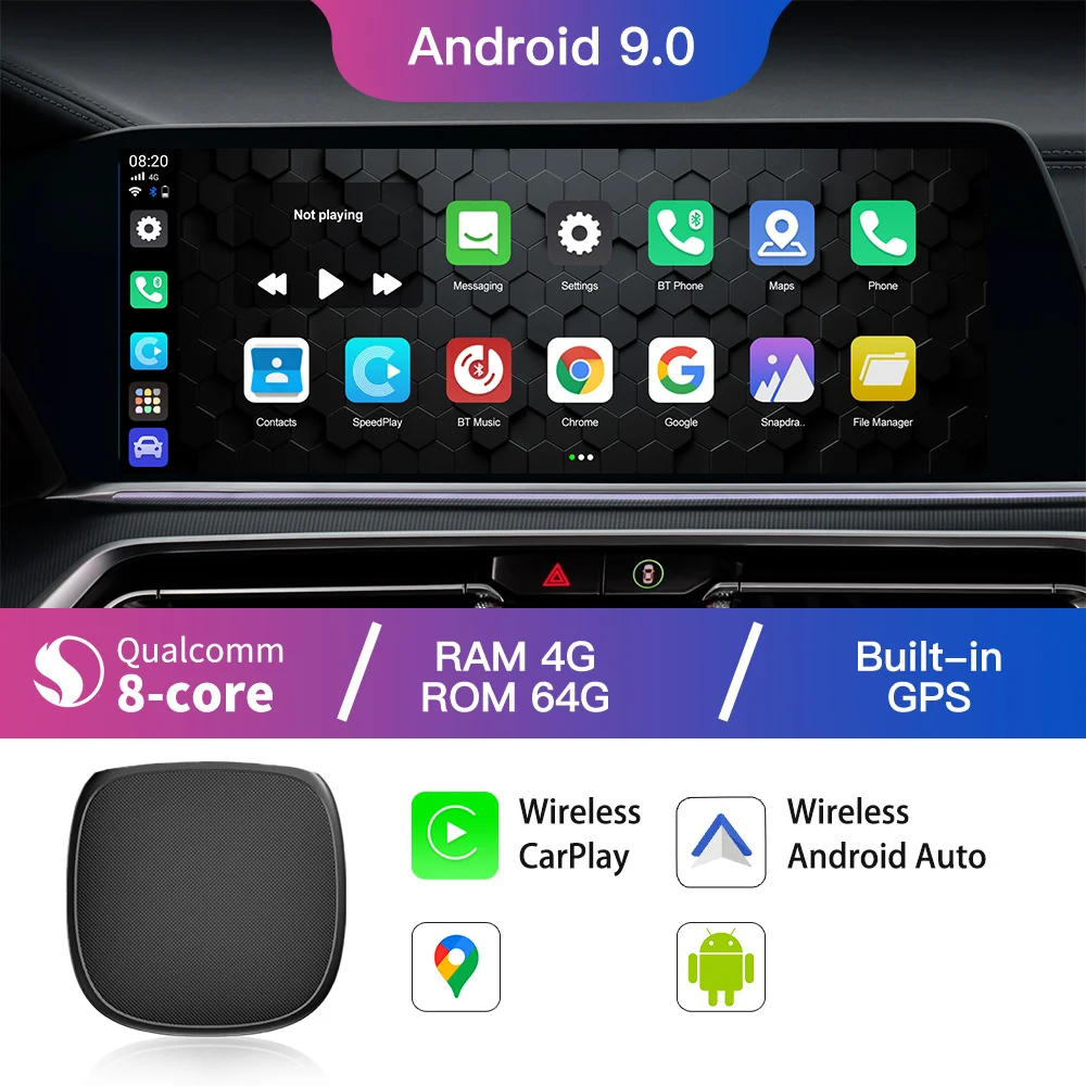 CS9 CarPlay AI Box Wireless Android Auto Wired To Wireless CarPlay Plug and Play Support Multiple Languages 4G+64G/8G+128G