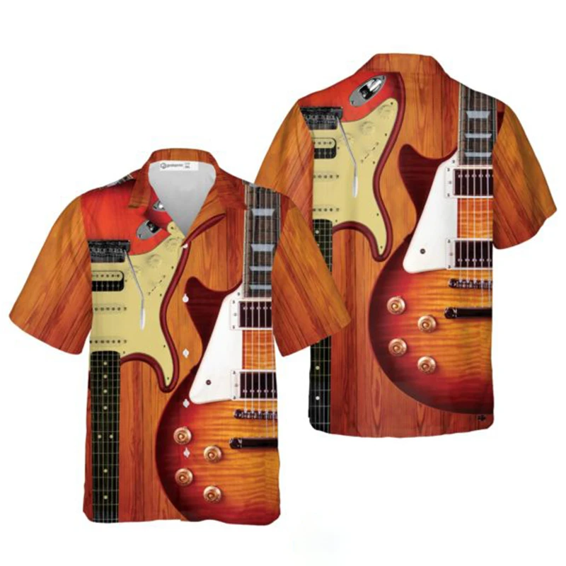 

Vintage Guitar Graphic Shirts Mens Clothes 3D Print Musical Instruments Short Sleeve Tops Women Casual Hawaiian Beach Blouse