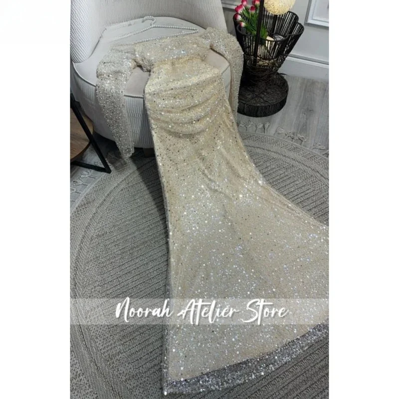 Vestido de fiesta de color marfil con purpurina, vestidos de noche con lentejuelas y hombros descubiertos, trompeta, vestidos de fiesta de manga larga para mujer personalizados