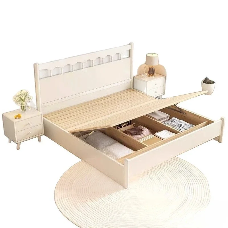 

Solid wood bed white American retro cream French 5 simple modern wind soft bag rice storage double bed 1.8 meters